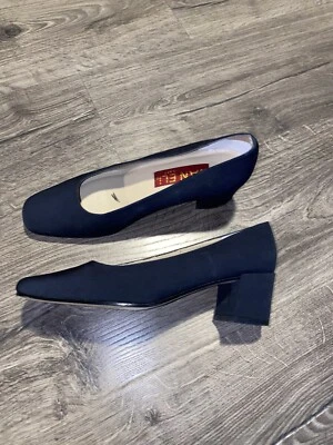 Tacones vintage años 70 para mujer 7 Van Eli azul marino satinado punta cuadrada Foto 1 de 4