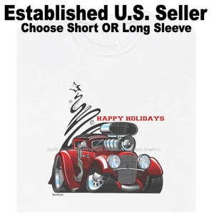 DigiRods Rat Rod Racer Christmas Holidays Red Hot Rod Coupe Cartoon Car T Shirt - Picture 1 of 7