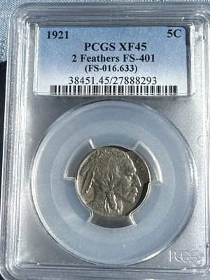 1921 2 Feather's buffalo nickel PCGS XF45. FS-401 - Image 1 of 2