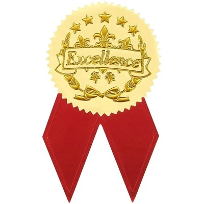 96 Gold Excellence Star Certificate Seals with Red Ribbon Shaped Stickers 1.7 in - Image 1 of 4