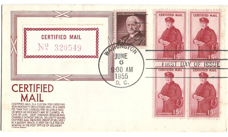 1955  FDC, CERTIFIED MAIL, BLOCK, ANDERSON RED - Image 1 of 1