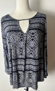 Lucky Brand Women's keyhole Boho Peasant Blouse dark blue & white Geometric SZ L - Picture 1 of 9