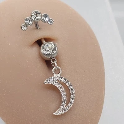 Belly Bars Button Piercing Bar Dangle Navel Body Jewellery Gem Ring Silver Round - Image 1 of 4