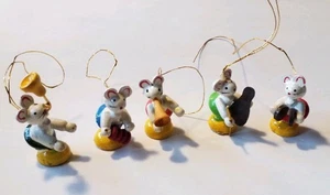 Set Of 5 Vintage Handmade Painted Wooden Ornaments Mice Playing Instrument Music - Picture 1 of 13