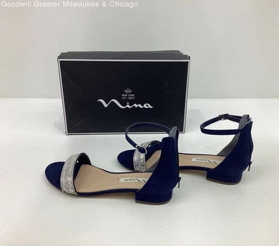 Sandalias Nina Stevi de cuero azul marino con correa al tobillo de 1" tacón punta abierta talla 6,5 M IOB Foto 1 de 4