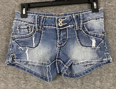 Bongo 牛仔短裤女式 3 蓝色复古牛仔双纽扣翻盖口袋 — 第 1/4 张图片