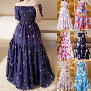 Boho Ladies Summer Party Dress Bardots Stretch Floral Swing Maxi Dresses SIZE uk - Picture 1 of 22