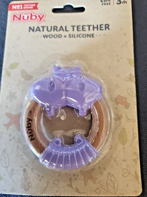 Nuby Natural Teether Wood Silicone Hippo BPA Free 3m+ (T22) - Image 1 of 3