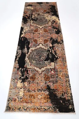 10 ft Abstract Mamluk Hallway Runner Rug Afghan Hand Knotted Wool Bedroom Rug - Image 1 of 4