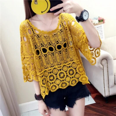 Donna Pizzo Traforato Top Camicetta Camicie Tee Trasparente Rétro Mezza Manica - Immagine 1 di 4