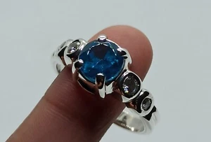 Natural Round Cut Blue Topaz Sterling Silver 925 Handmade Women Engagement Ring - Picture 1 of 12