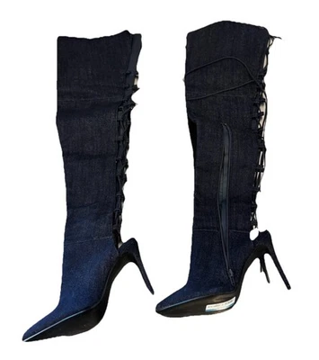 Botas por encima de la rodilla para mujer muslo denim plataforma tacón alto con cordones cumpleaños 6,5 Foto 1 de 4