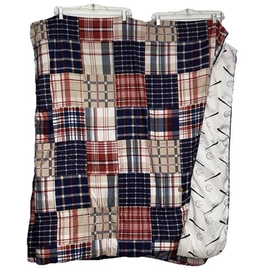 TWIN Size Boys Bedspread Comforter Patchwork Plaid Baseballs Sports Reversible - Image 1 of 4
