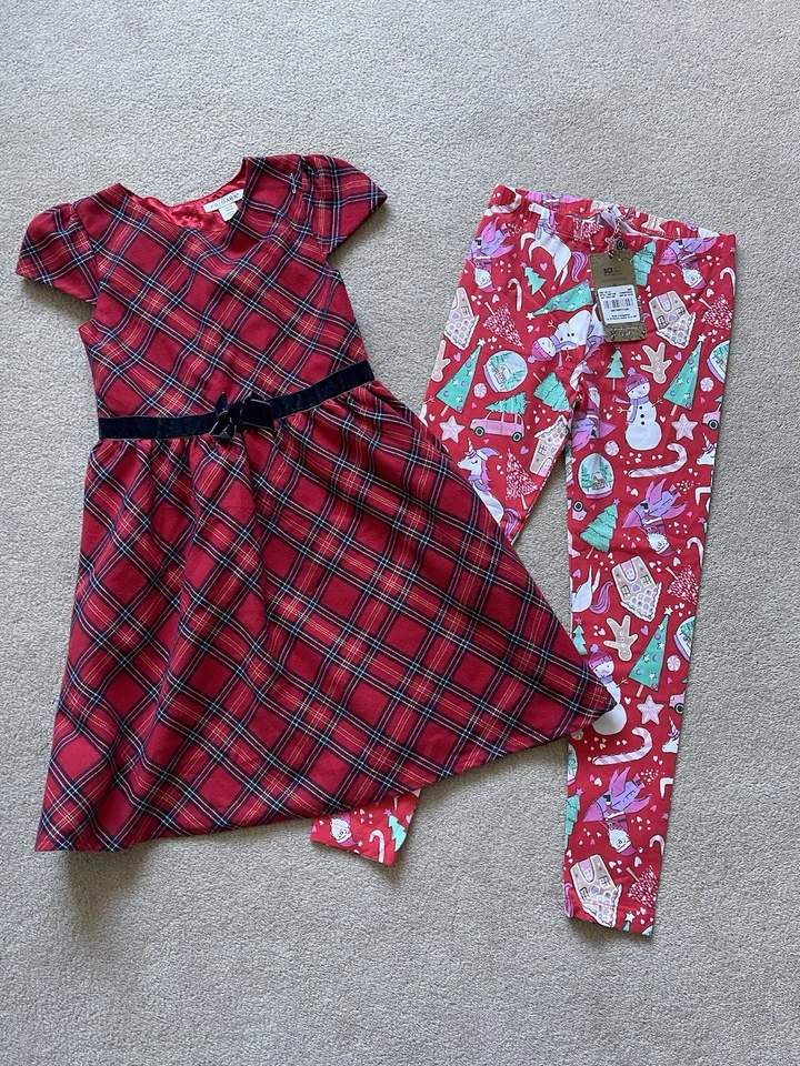 Girls Christmas Dress Leggings Tartan Bundle Age 7-8 Years - Image 1 of 4