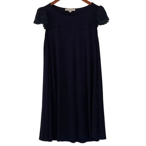 LOFT Navy Blue T-Shirt Dress with Lace Cap Sleeves, A-Line, Flowy, Soft, L - Picture 1 of 9