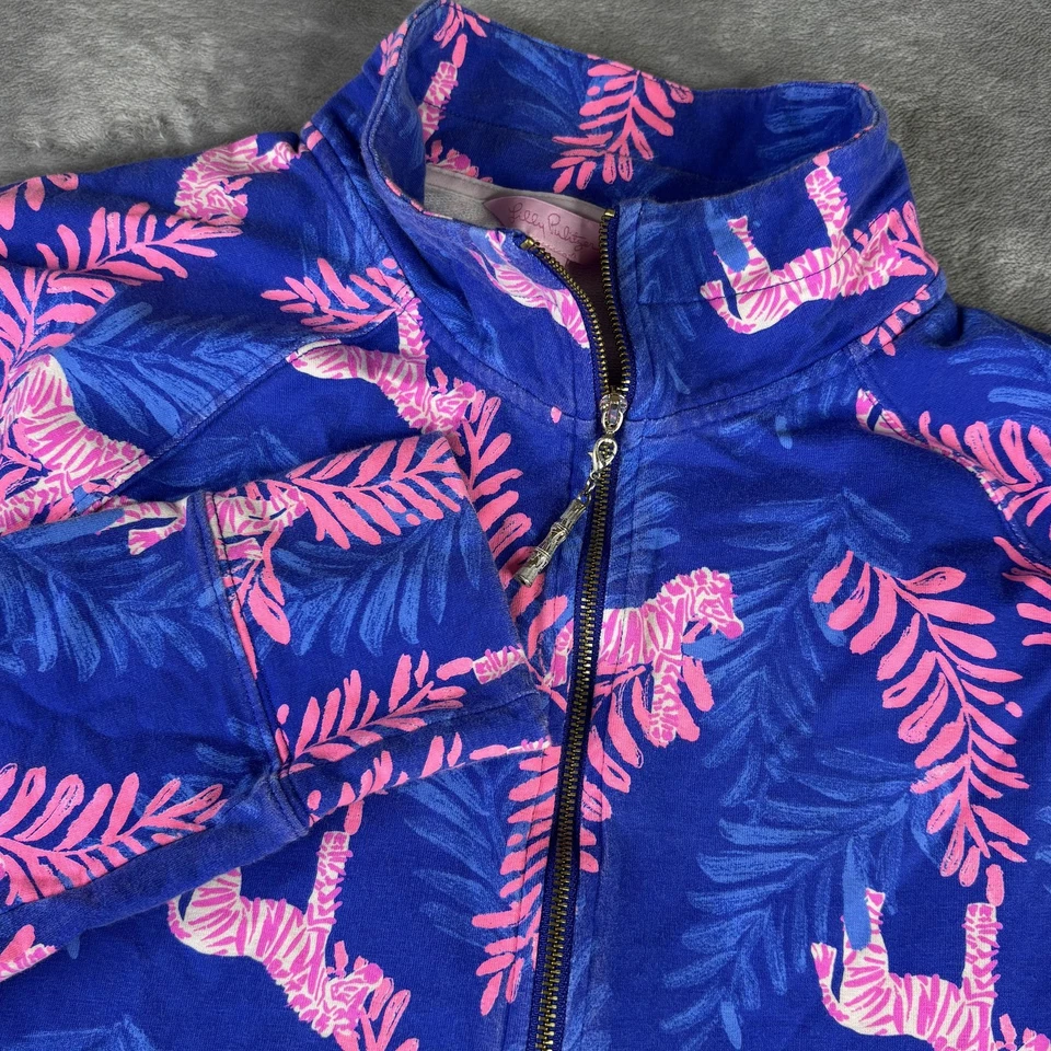 Pullover Lilly Pulitzer Mujer Medio Azul Rosa Patrón Popover Media Cremallera Cebra Foto 1 de 4