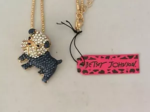 COLLANA SPILLA PENDENTE BETSEY JOHNSON CRISTALLO NERO BULLDOG FRANCESE PLACCATO ORO - Foto 1 di 2