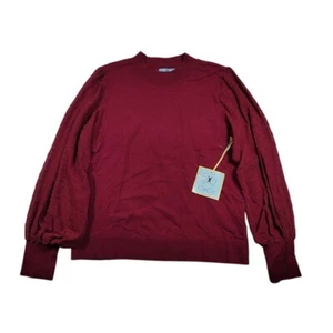 NWT CeCe Women's Mock Neck Sweater Sz Medium Deep Merlot Puff Dot Sleeve - Picture 1 of 7
