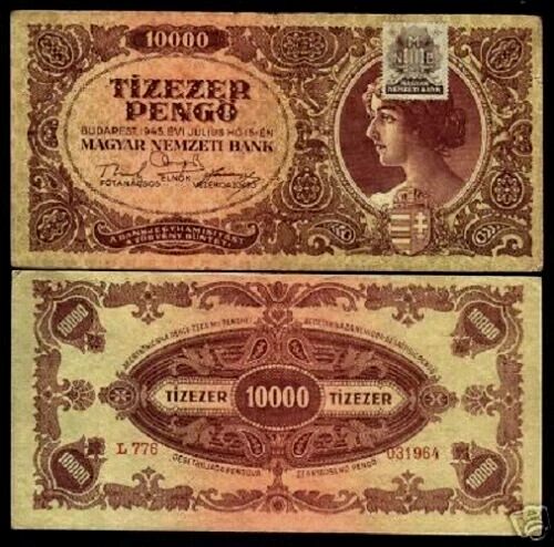 Hungary 10000 PENGO (10,000) P-119 1945 WWII With additional Stamp Currency NOTE - Image 1 of 3