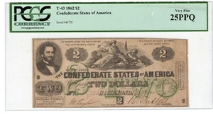 T-43 PF-1 1862 $2 Confederate Paper Money - PCGS-C Very Fine 25 PPQ Scarce type - Picture 1 of 2