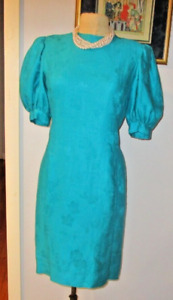 Gorgeous Vintage Albert Nipon Sz 8 Turquoise Linen Dress with Puffed Sleeves
