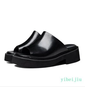 100% Real Leather Platform Slippers Men's Open Toe Casual Slip On Shoes Sandals - Picture 1 of 7