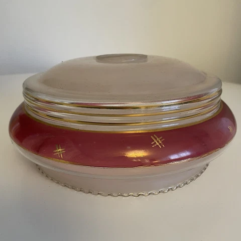 Vintage 50s cranberry glass flush ceiling light shade fluted gold trim Cover