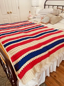 Handmade Patriotic Americana Afghan Red White & Blue Throw Blanket Crochet July - Picture 1 of 5