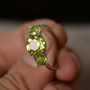 Three Stone Peridot Ring 925 Sterling Silver Women Engagement Gift For Her Ring - Picture 1 of 4