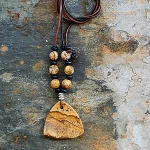 Picture Jasper Freeform Pendant Necklace Hung On Xsotica Leather Cord π - Picture 1 of 2