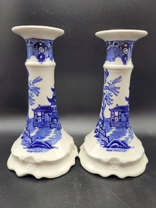 Pair Of Blue And White Willow Pattern Candlesticks 6 1/4” Height  - Picture 1 of 4