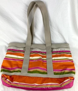 LESPORTSAC Medium Travel Zip Tote Multicolor Stripe Print 3 Outside Zip Pockets - Picture 1 of 18