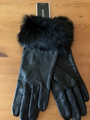 Женские перчатки ALFANI из натуральной кожи с меховыми манжетами черные легкие размер 6,5 - Изображение 1 из 4
