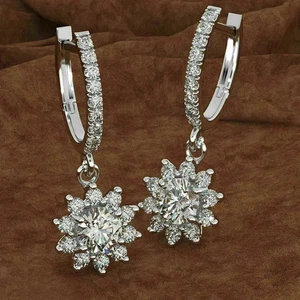 Drop Dangle Earrings 2.00CT Lab Created Round Cut Diamond 14K White Gold Plated - Picture 1 of 3