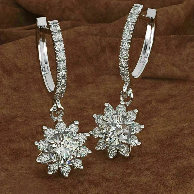 Drop Dangle Earrings 2.00CT Lab Created Round Cut Diamond 14K White Gold Plated - Image 1 of 3