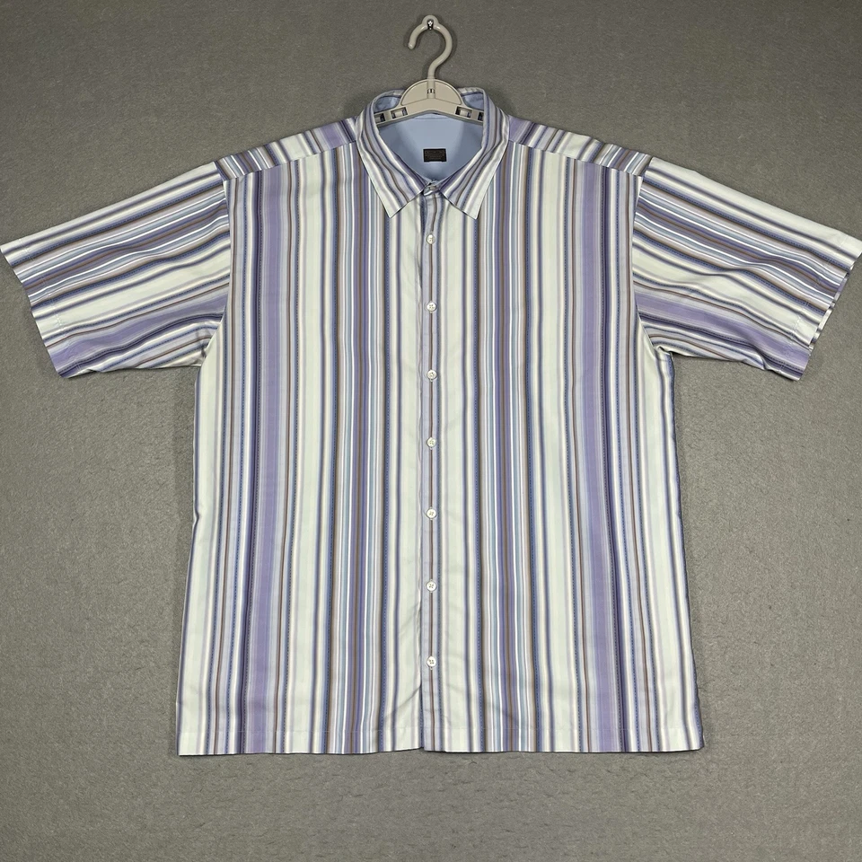 Camisa De Colección Tiger Woods Para Hombres XL Púrpura Azul Rayas Retro Manga Corta Abotonada Foto 1 de 4