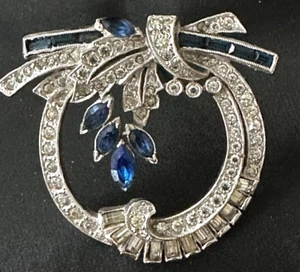 Art Deco Staret Rhodium Plated Floral Spray SapphireBlue Rhinestone Brooch - Picture 1 of 4