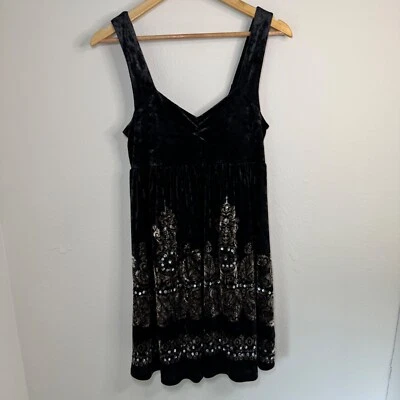Free People Dress Women's SM Black Babydoll Embellished Velvet Boho Mini - Image 1 of 4