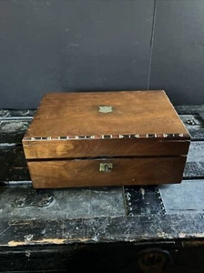 Antique Walnut w/ Brass + Wood Inlay Folding Lap Writing Desk w/Key, 2 Inkwells - Picture 1 of 22