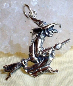 Flying Witch on Broomstick Pendant Solid Sterling Silver Wicca Witch Pagan Goth - Picture 1 of 7