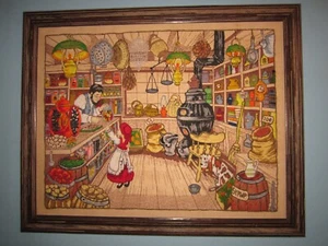 Vintage Framed Crewel Embroidery Store Scene 16.24 x 20.5 January 1984 - Picture 1 of 11