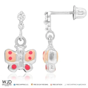 14K White Gold 0.20CTW CZ Enameled Butterfly Dangle Earrings - Picture 1 of 3