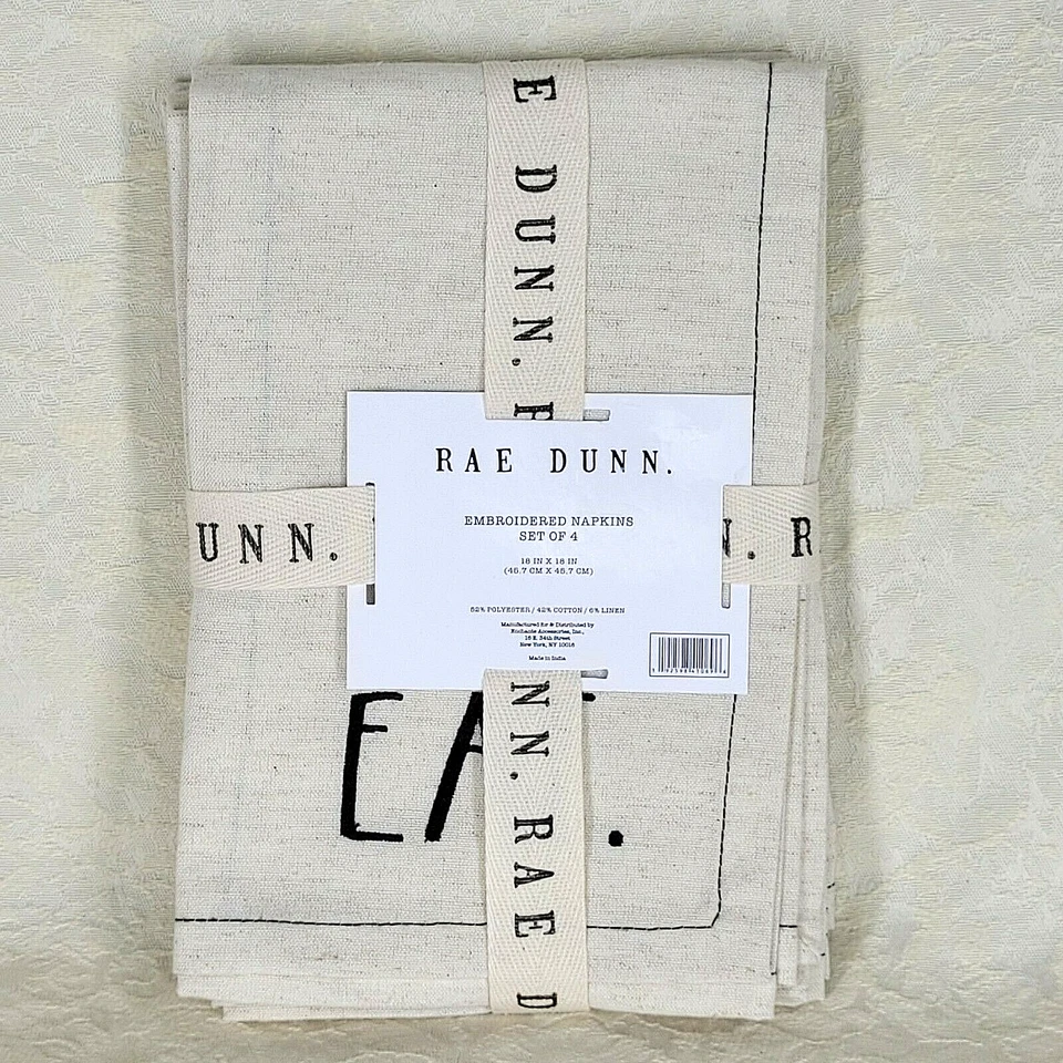 Set of 8 Rae Dunn Linen Eat Drink Enjoy Cheers Embroidered Cloth Napkins 18 X 18