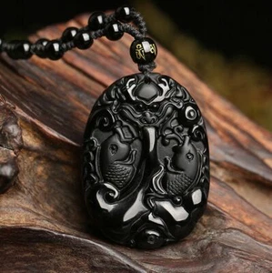 Natural natural black Obsidian fish koi necklace pendant bead with chain - Picture 1 of 6