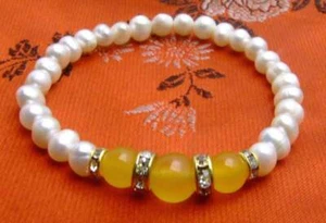 6-7mm White Natural Pearl Bracelet for Women with Yellow Round Natural Jade 7.5" - Picture 1 of 10