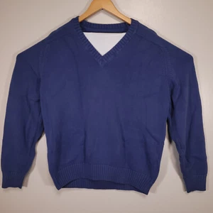 Vintage 90s Land's End Men's L V-Neck Blue Pullover Knit Cotton Sweater USA Made - Picture 1 of 6