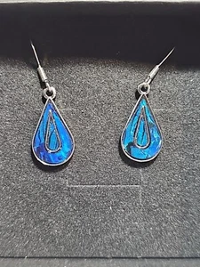 Handmade silver and blue teardrop dangle earrings with Surgical Steel Hooks - Picture 1 of 3