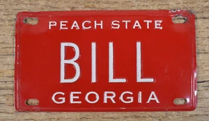 Vtg 1960's Peach State Georgia Small Mini Car Tag License Plate RED Bike "BILL" - Picture 1 of 6
