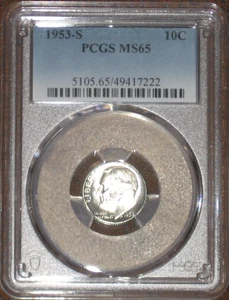 1953 s Silber Roosevelt Dime PCGS Grade MS65 schöne weiße Münze keine Töne 10c - Bild 1 von 2