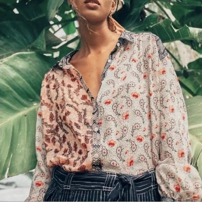Camisa Free People Dani Light combo botão para baixo paisley estampa floral tamanho P - Imagem 1 de 4